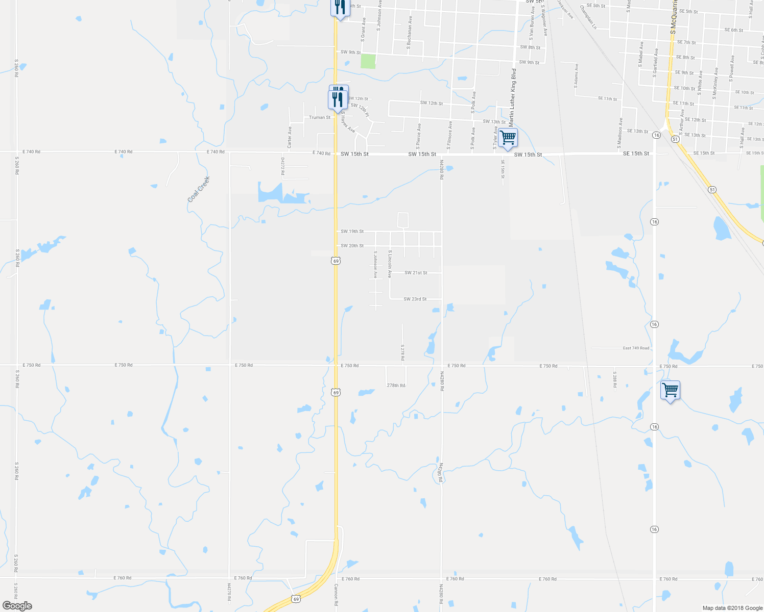 map of restaurants, bars, coffee shops, grocery stores, and more near 1102 Southwest 24th Street in Wagoner