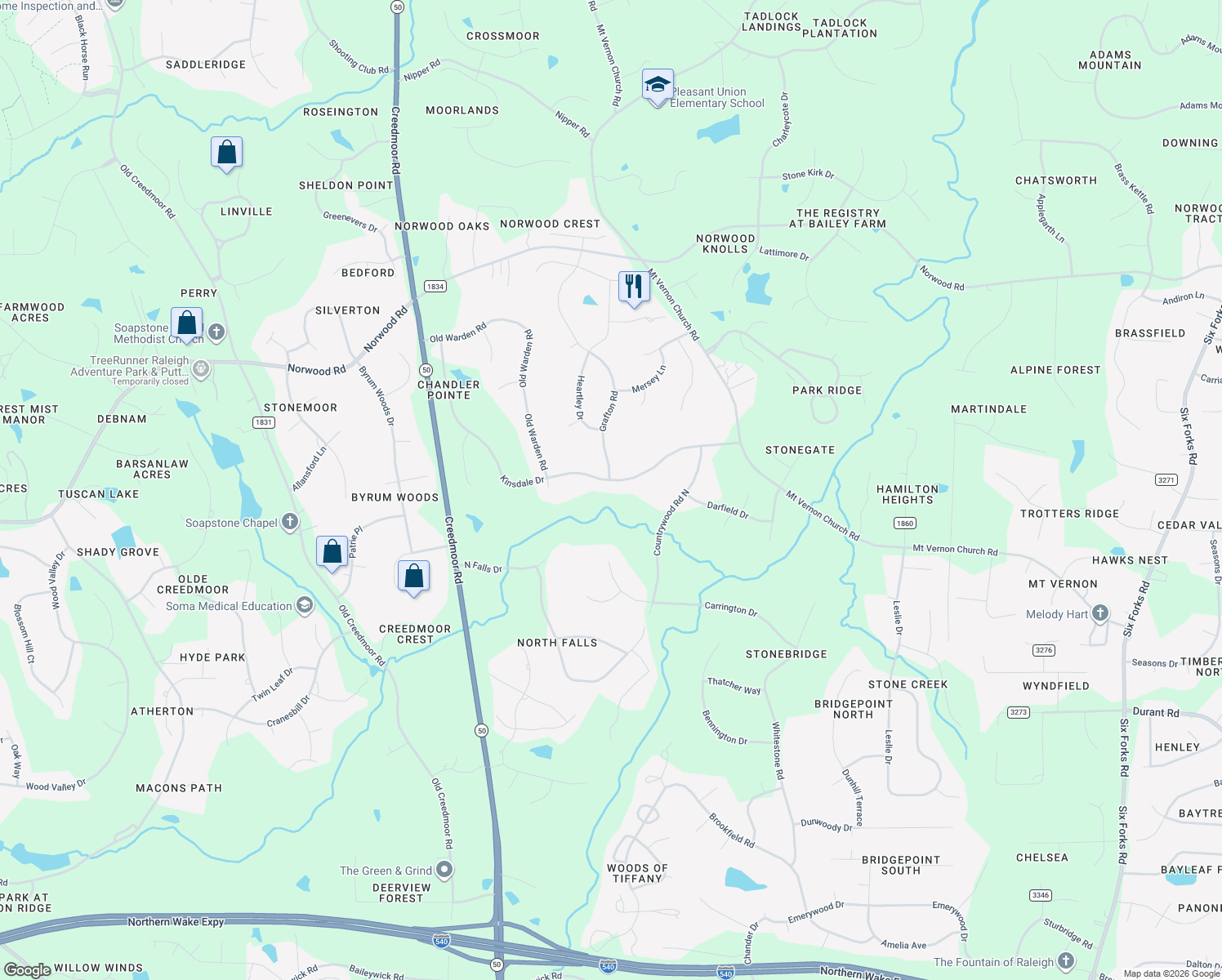 map of restaurants, bars, coffee shops, grocery stores, and more near 1113 Kinsdale Drive in Raleigh