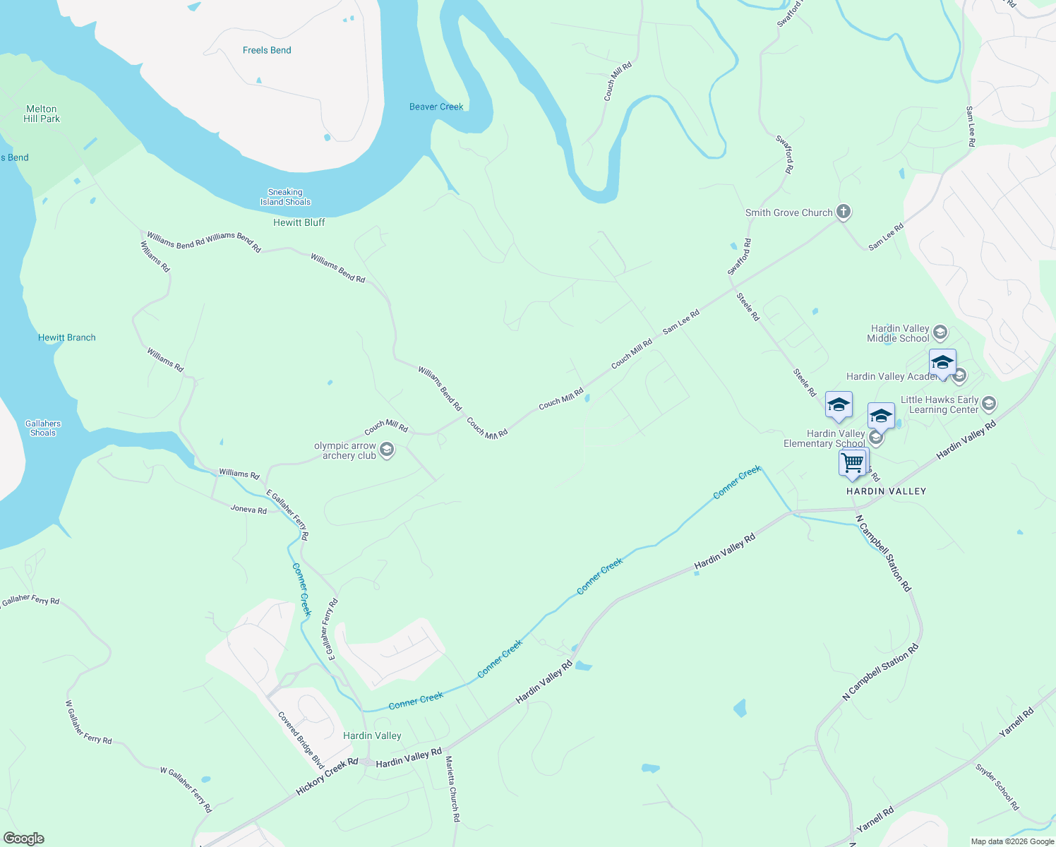 map of restaurants, bars, coffee shops, grocery stores, and more near 12222 Couch Mill Road in Knoxville
