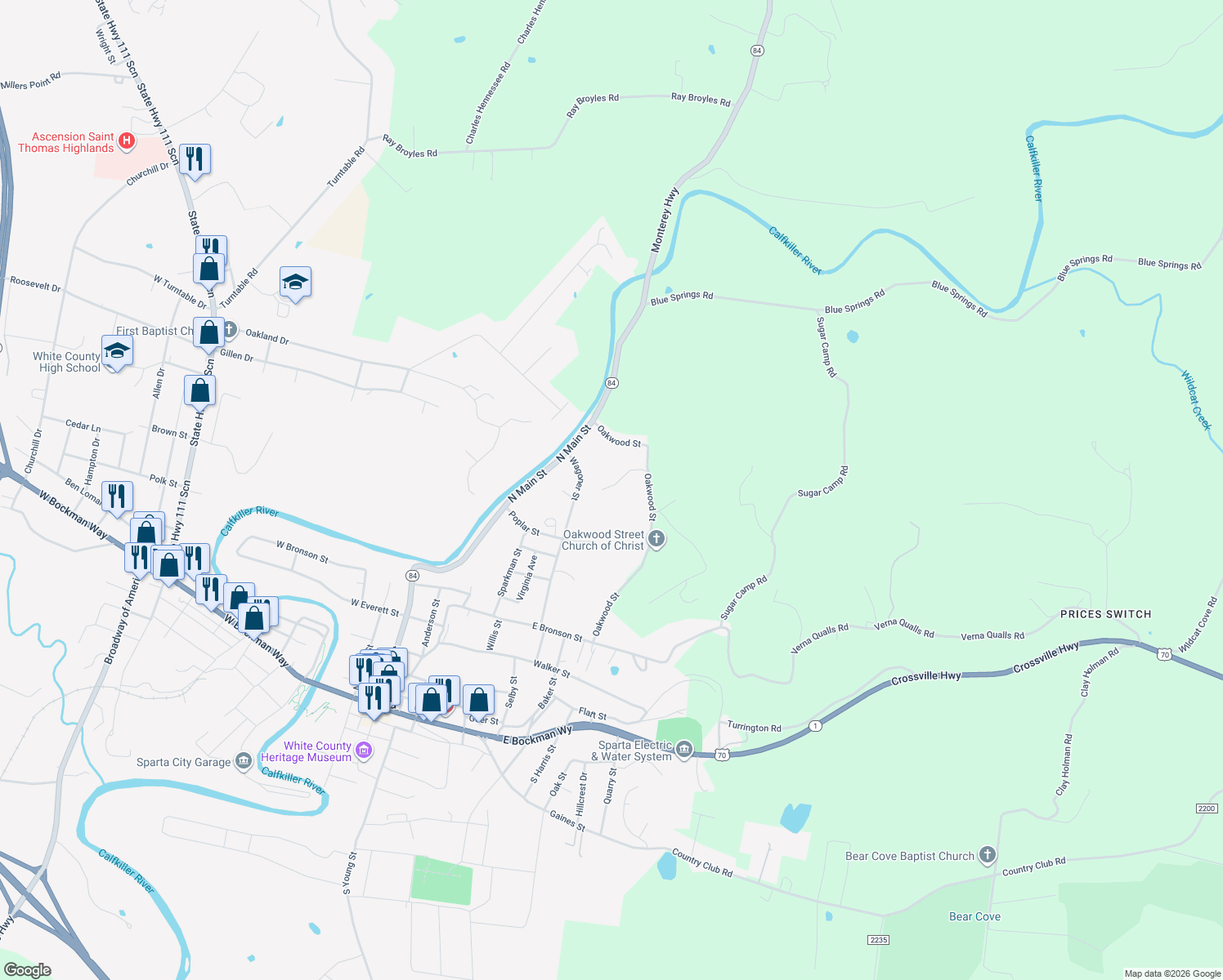 map of restaurants, bars, coffee shops, grocery stores, and more near 317 Officer Drive in Sparta