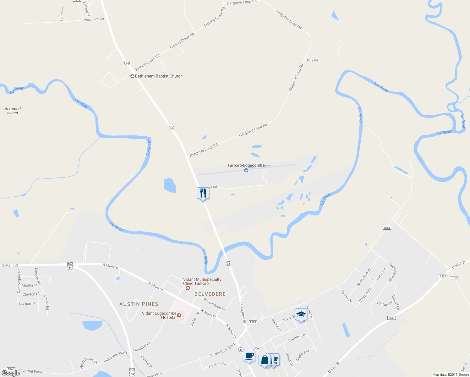 map of restaurants, bars, coffee shops, grocery stores, and more near Airport Road in Tarboro