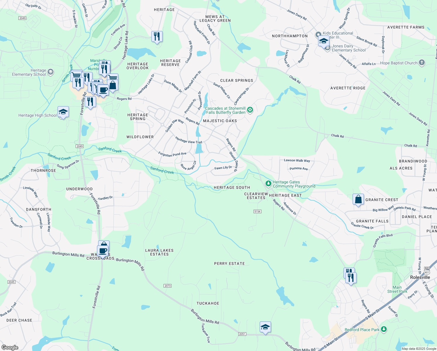 map of restaurants, bars, coffee shops, grocery stores, and more near 916 Shasta Daisy Drive in Wake Forest