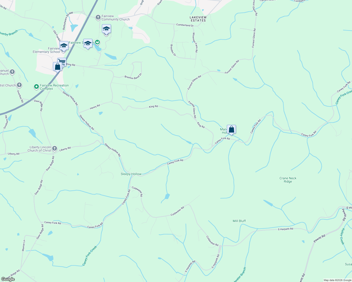 map of restaurants, bars, coffee shops, grocery stores, and more near 7580 Caney Fork Road in Fairview