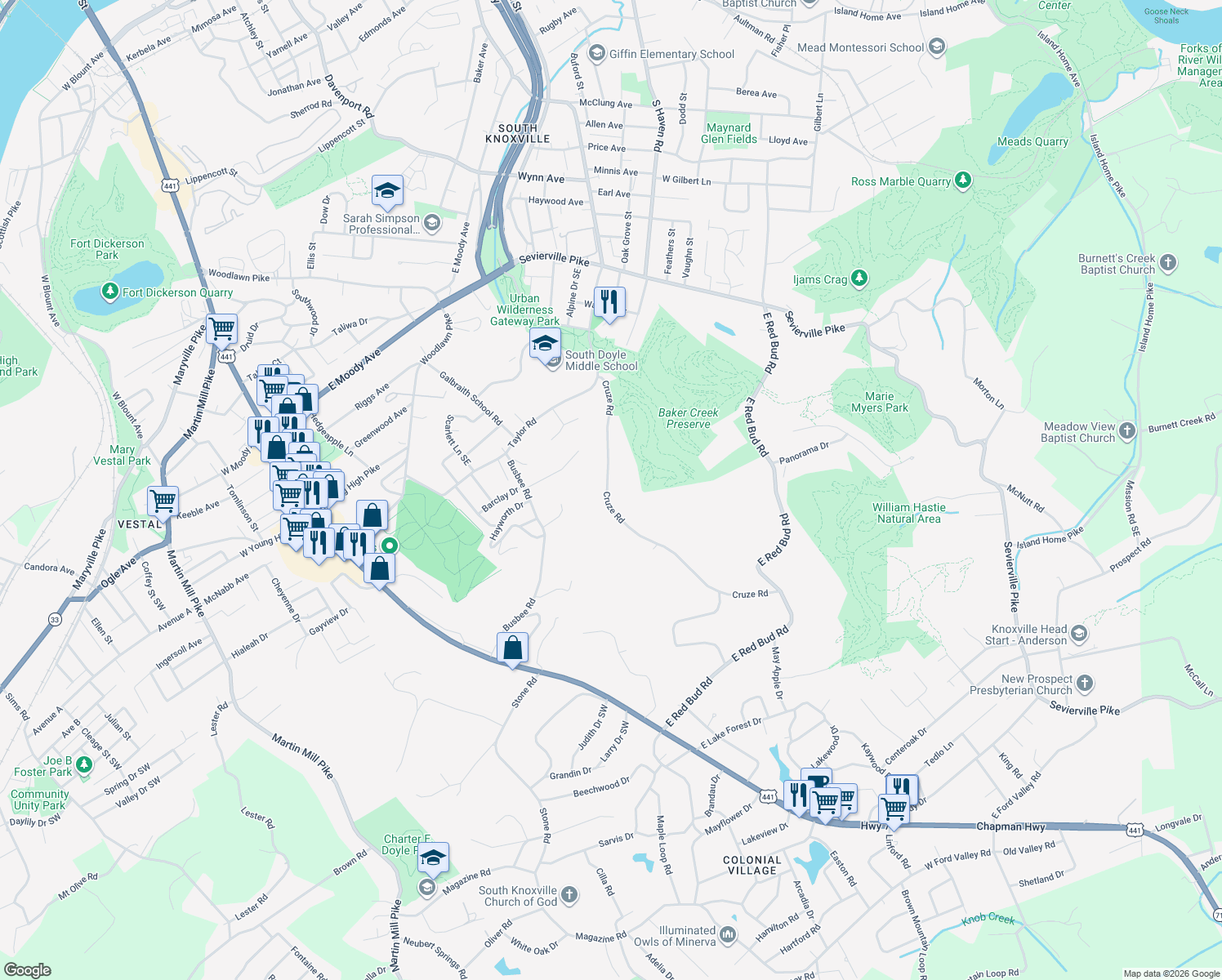 map of restaurants, bars, coffee shops, grocery stores, and more near 4108 Cruze Road in Knoxville