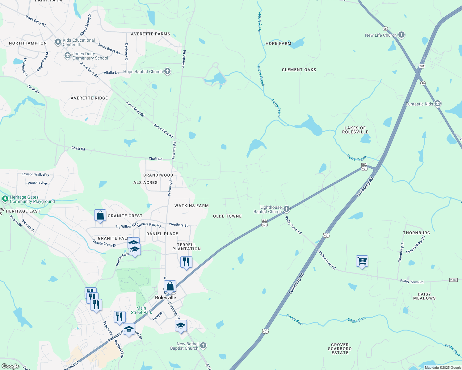 map of restaurants, bars, coffee shops, grocery stores, and more near 105 Allie Bell Lane in Rolesville