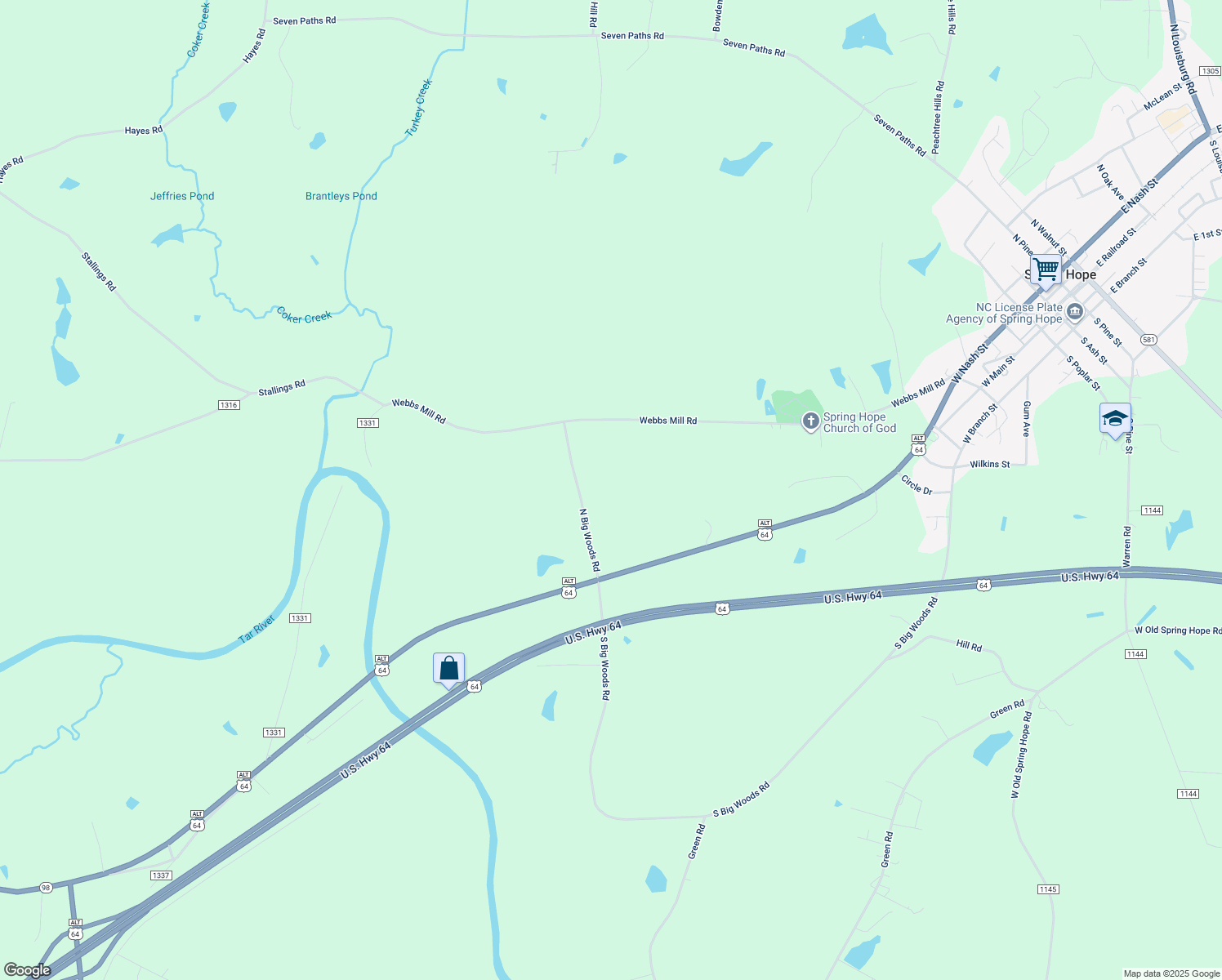 map of restaurants, bars, coffee shops, grocery stores, and more near 379 North Big Woods Road in Spring Hope