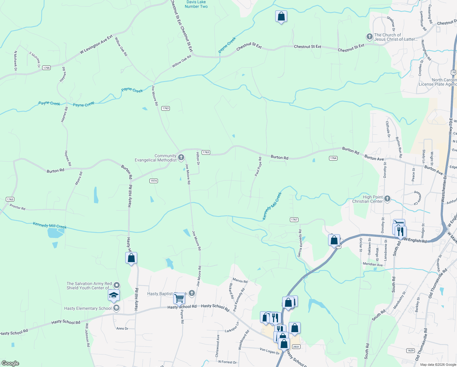 map of restaurants, bars, coffee shops, grocery stores, and more near 3671 Hayfield Court in Thomasville