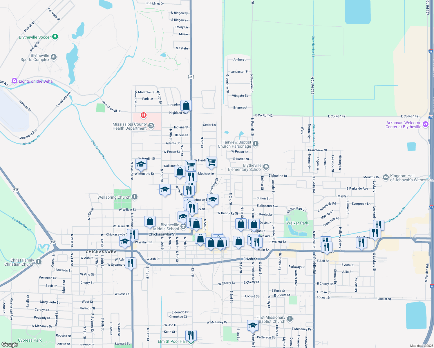 map of restaurants, bars, coffee shops, grocery stores, and more near 1000 North Broadway Street in Blytheville