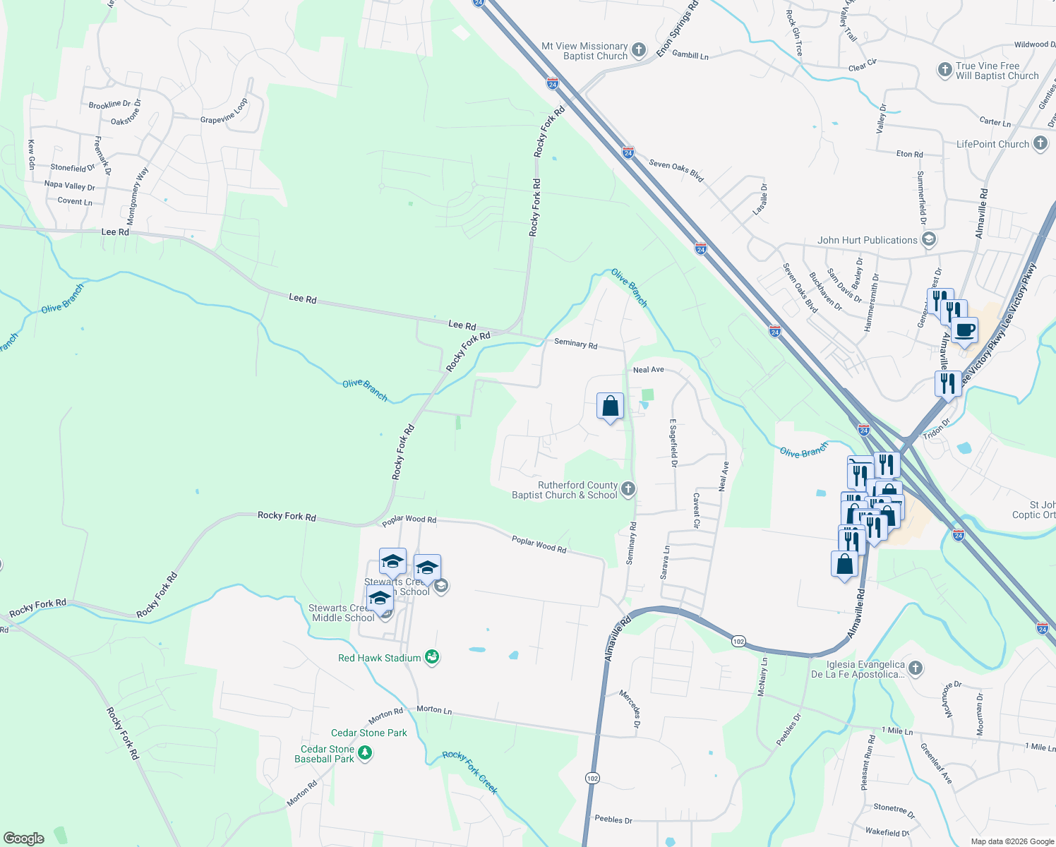 map of restaurants, bars, coffee shops, grocery stores, and more near 110 Viola Court in Smyrna