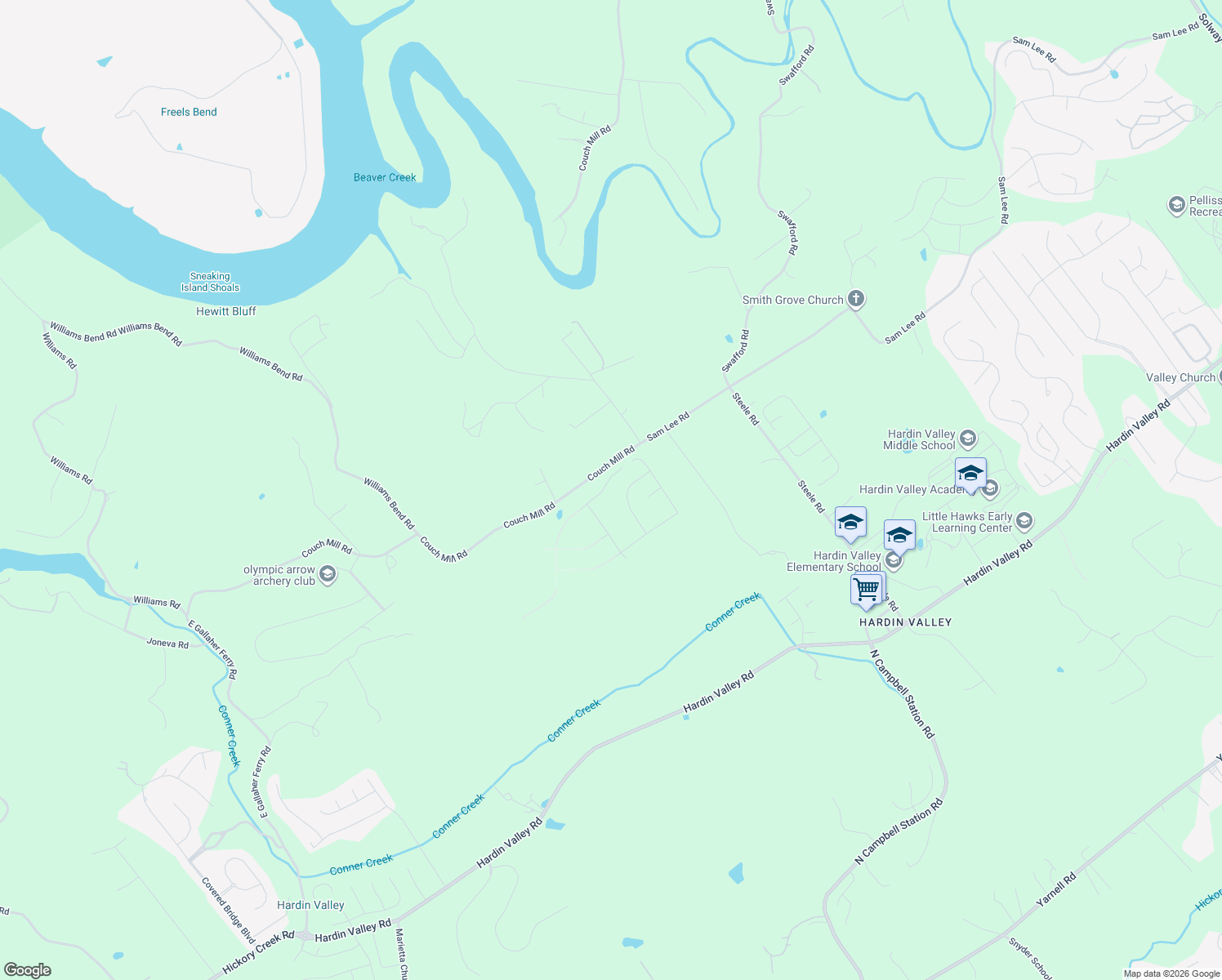 map of restaurants, bars, coffee shops, grocery stores, and more near 12100-12176 Couch Mill Road in Knoxville