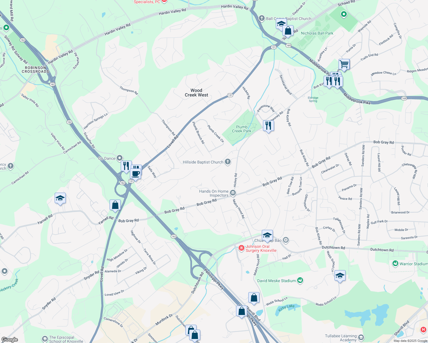 map of restaurants, bars, coffee shops, grocery stores, and more near 10336 Boston Lane in Knoxville
