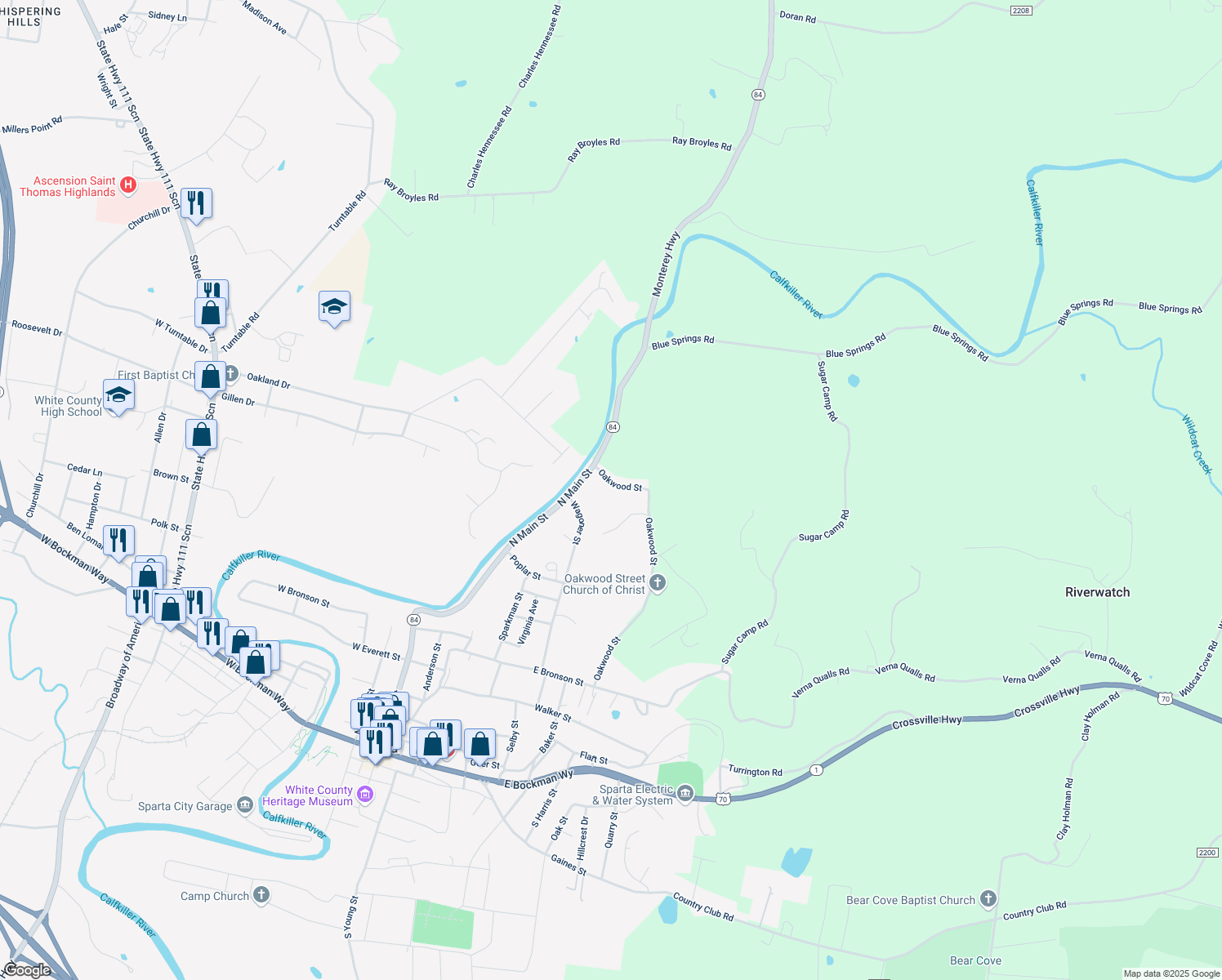 map of restaurants, bars, coffee shops, grocery stores, and more near 361 Oakwood Street in Sparta