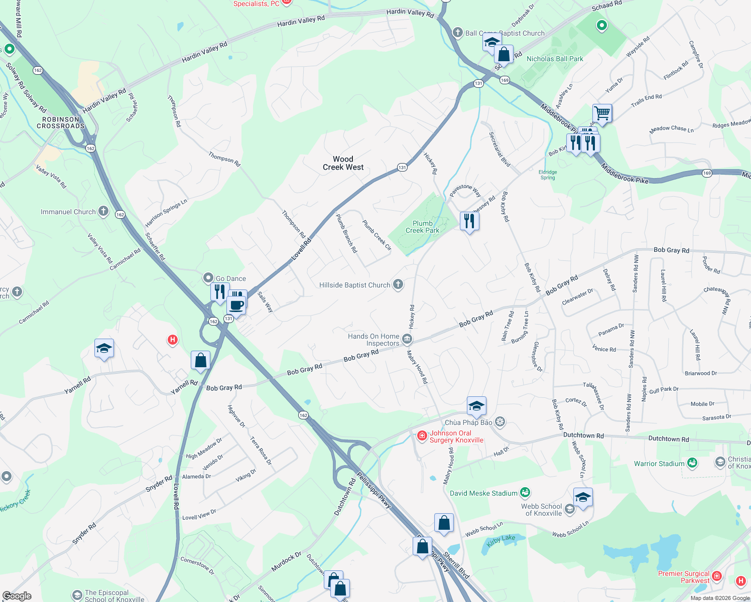 map of restaurants, bars, coffee shops, grocery stores, and more near 10332 Boston Lane in Knoxville