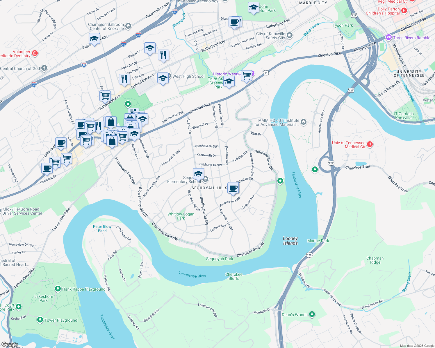 map of restaurants, bars, coffee shops, grocery stores, and more near 927 Woodside St in Knoxville