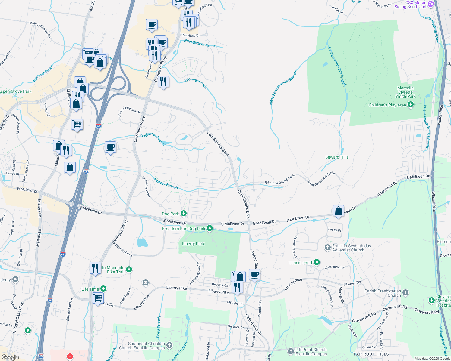 map of restaurants, bars, coffee shops, grocery stores, and more near 520 Eden Park Dr in Franklin