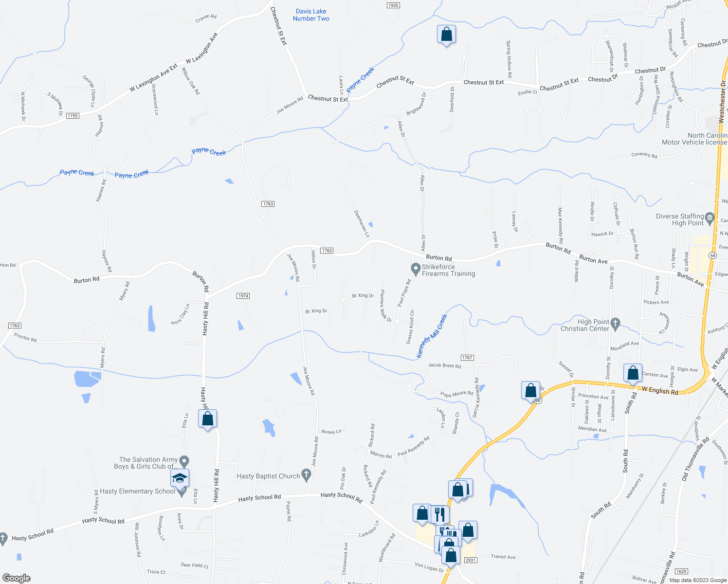 map of restaurants, bars, coffee shops, grocery stores, and more near 3671 Hayfield Court in Thomasville