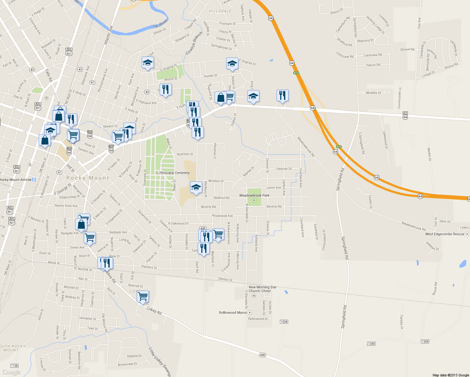 map of restaurants, bars, coffee shops, grocery stores, and more near 609 Marlee Drive in Rocky Mount