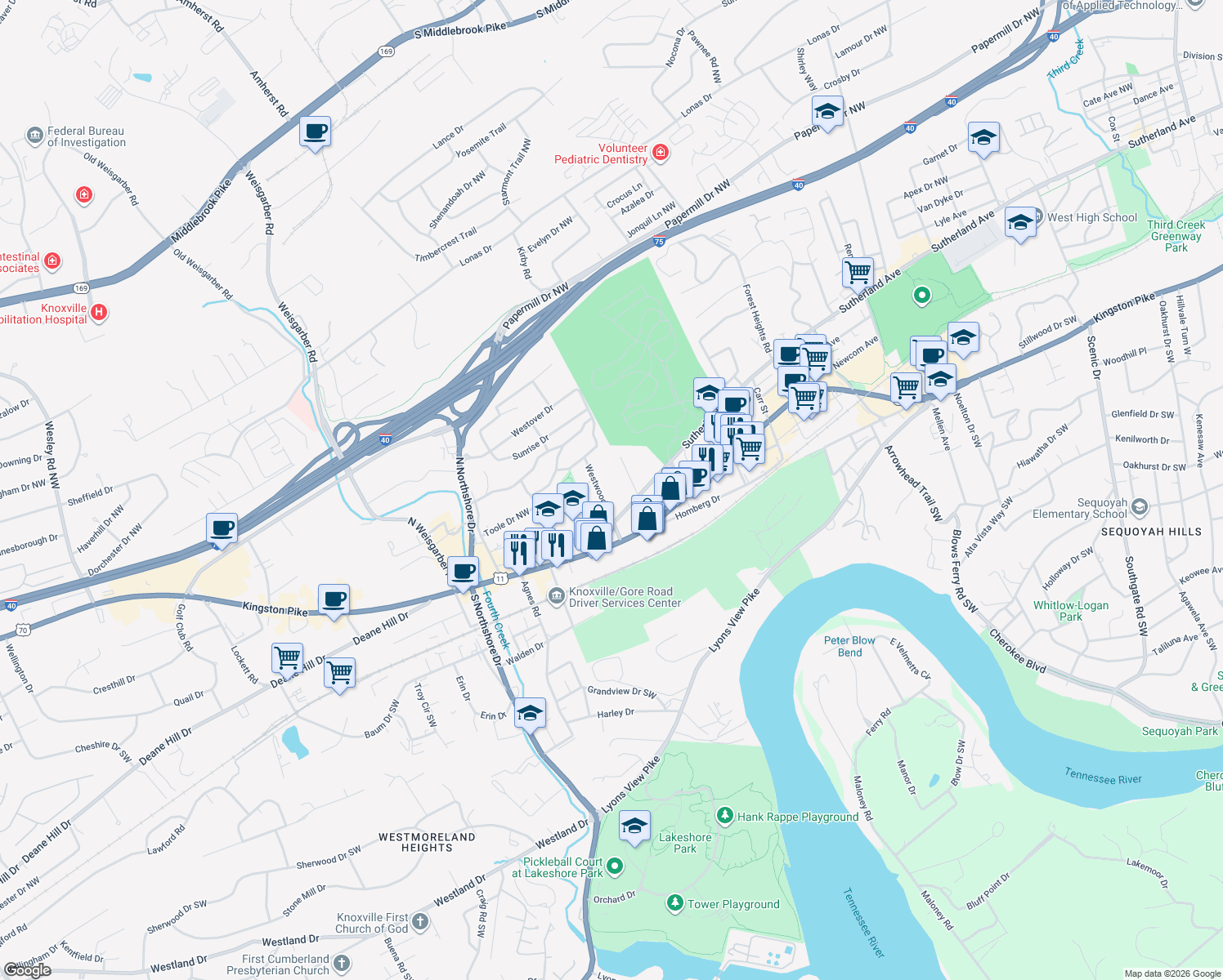 map of restaurants, bars, coffee shops, grocery stores, and more near 104 Westwood Road in Knoxville