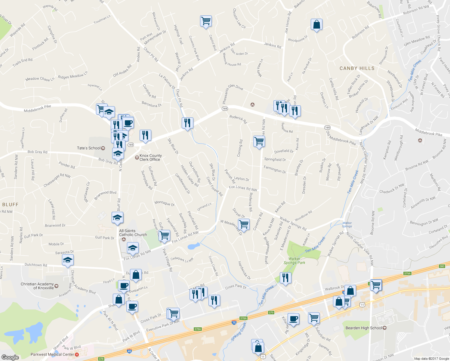 map of restaurants, bars, coffee shops, grocery stores, and more near 912 Danville Circle in Knoxville