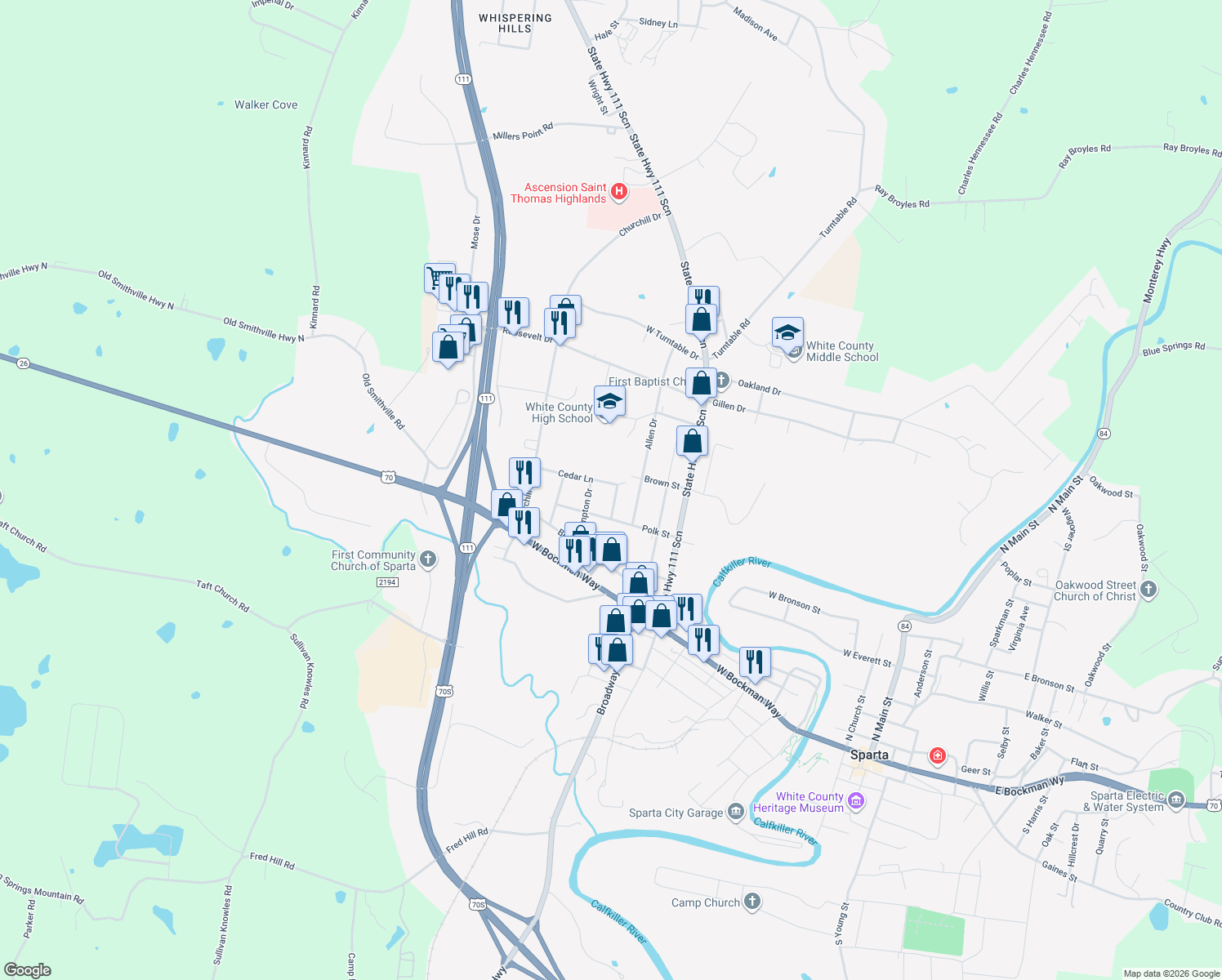 map of restaurants, bars, coffee shops, grocery stores, and more near 127 Pearson St in Sparta