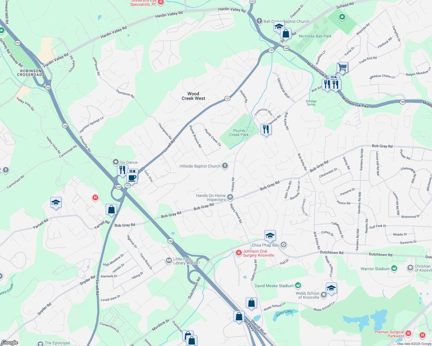 map of restaurants, bars, coffee shops, grocery stores, and more near 10332 Boston Lane in Knoxville