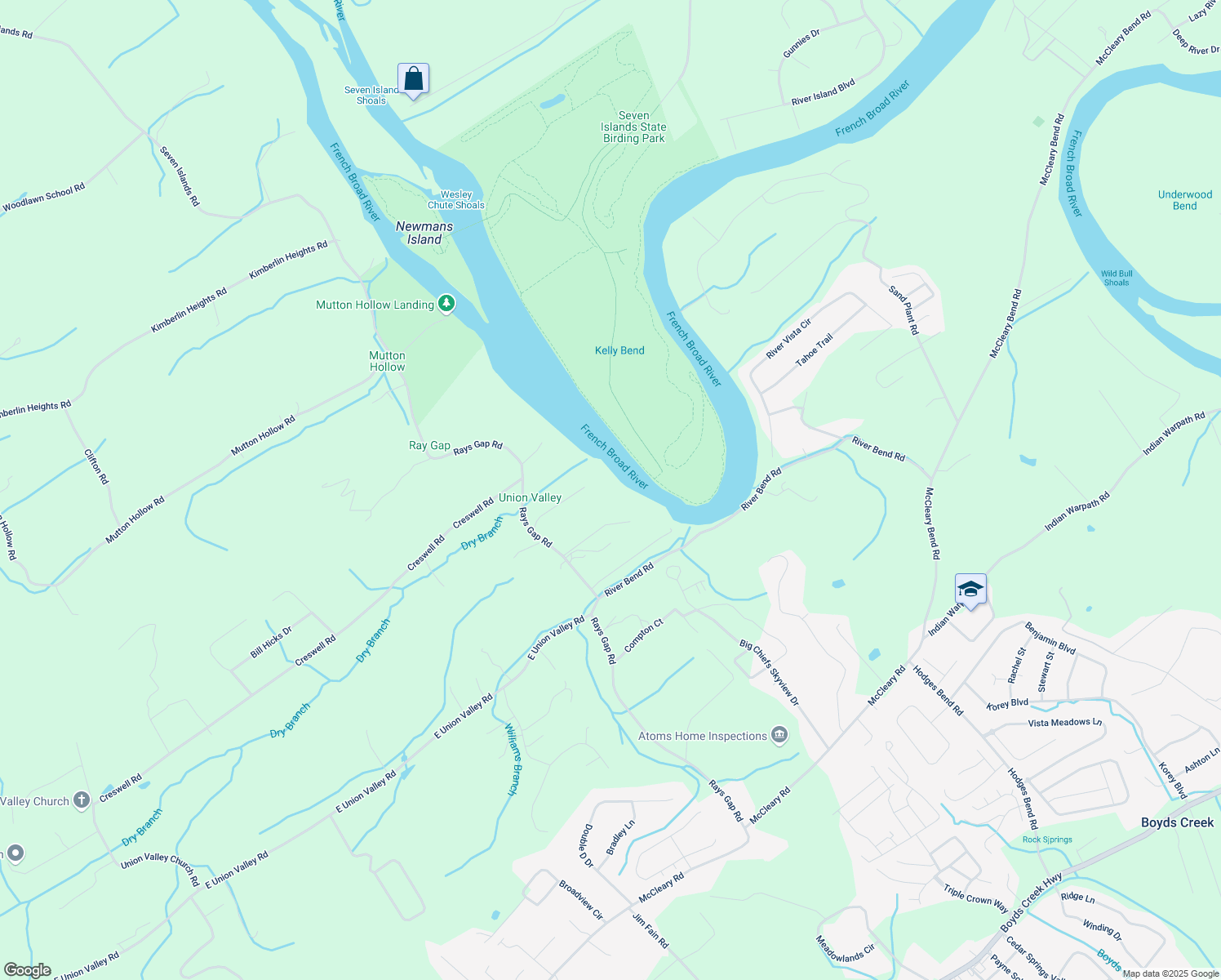 map of restaurants, bars, coffee shops, grocery stores, and more near 2248 French Broad River Road in Seymour