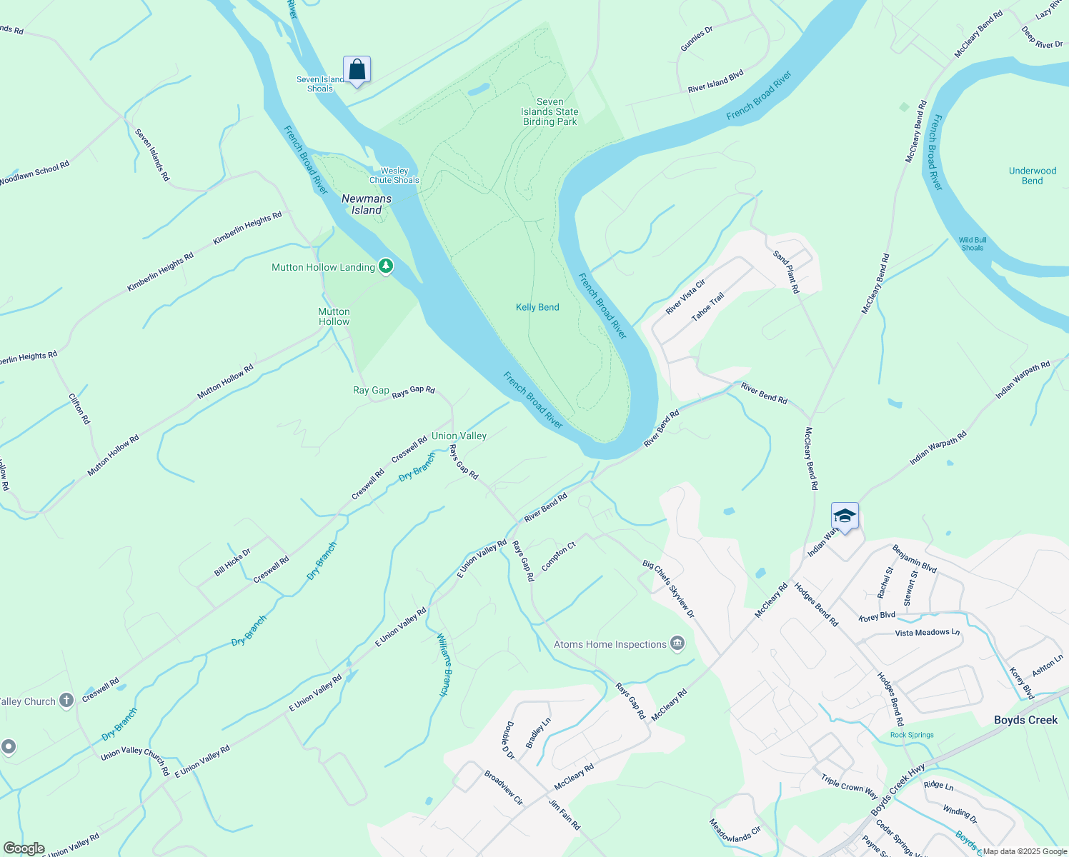 map of restaurants, bars, coffee shops, grocery stores, and more near 2248 French Broad River Road in Seymour