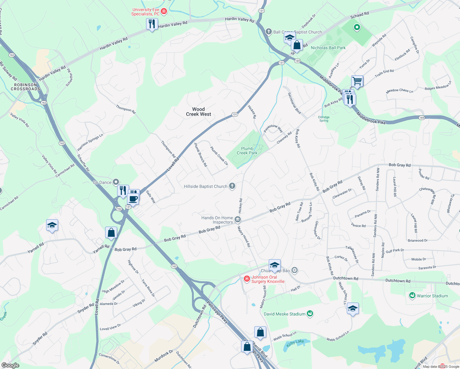 map of restaurants, bars, coffee shops, grocery stores, and more near 10241 Boston Lane in Knoxville