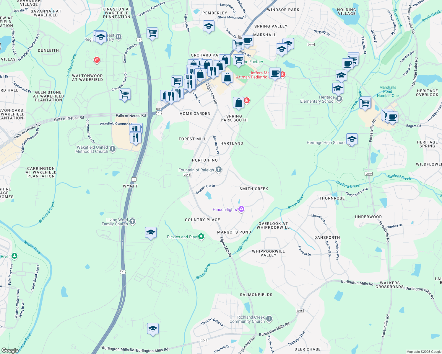 map of restaurants, bars, coffee shops, grocery stores, and more near 9605 Stable Point Circle in Wake Forest