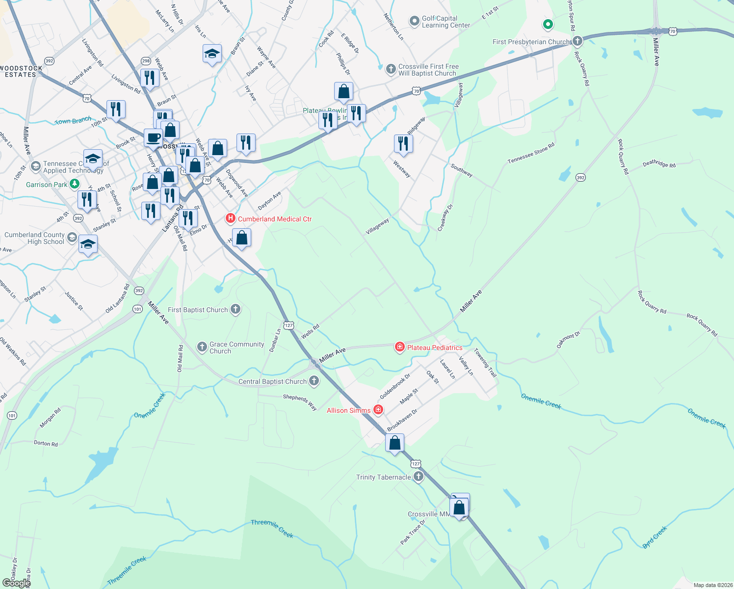 map of restaurants, bars, coffee shops, grocery stores, and more near 402 Wells Rd in Crossville