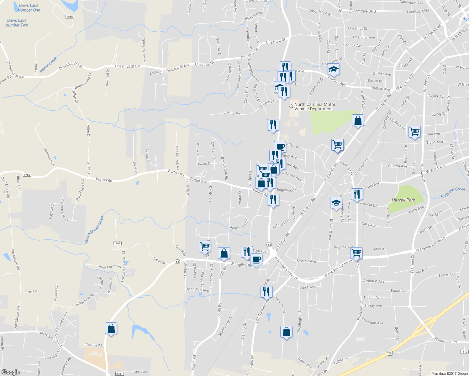 map of restaurants, bars, coffee shops, grocery stores, and more near 1007 Burton Avenue in High Point