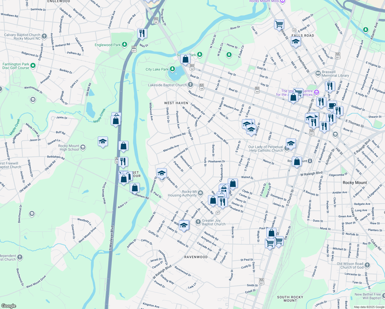 map of restaurants, bars, coffee shops, grocery stores, and more near 713 Piedmont Avenue in Rocky Mount