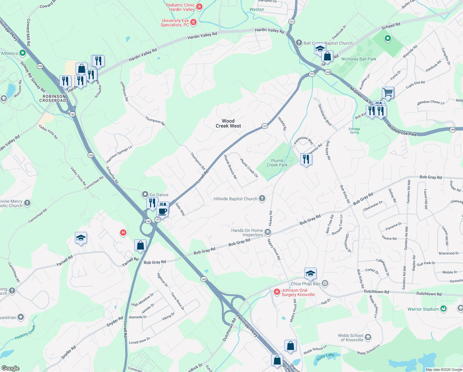 map of restaurants, bars, coffee shops, grocery stores, and more near Silver Spur Lane in Knoxville