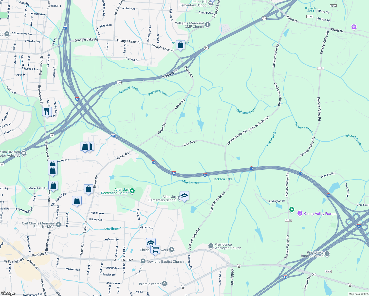 map of restaurants, bars, coffee shops, grocery stores, and more near 1324 Cox Ave in High Point