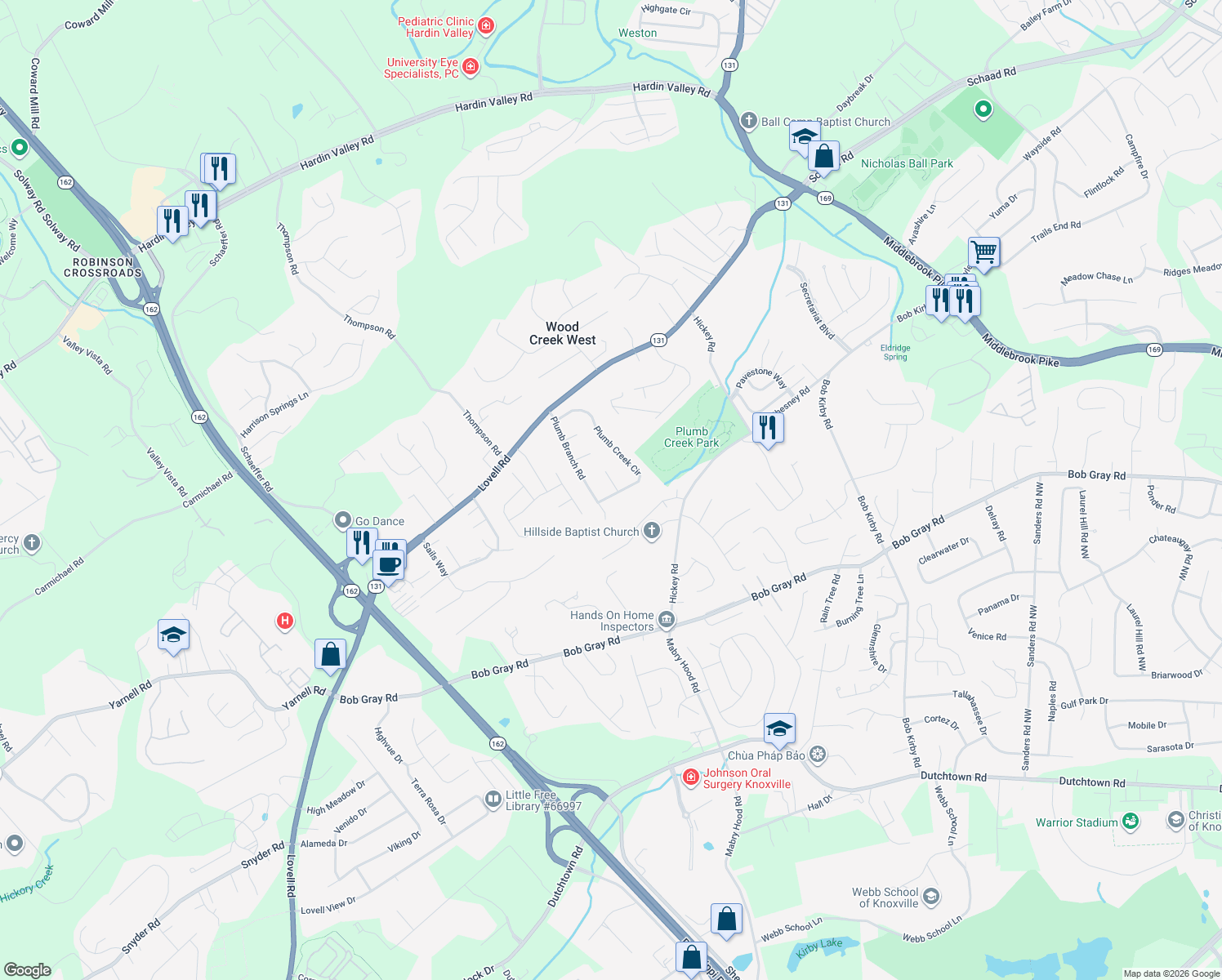 map of restaurants, bars, coffee shops, grocery stores, and more near 1805 Blue Spring Lane in Knoxville