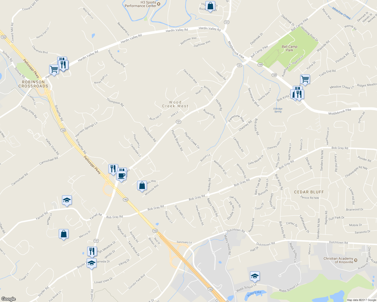 map of restaurants, bars, coffee shops, grocery stores, and more near 1805 Blue Spring Lane in Knoxville