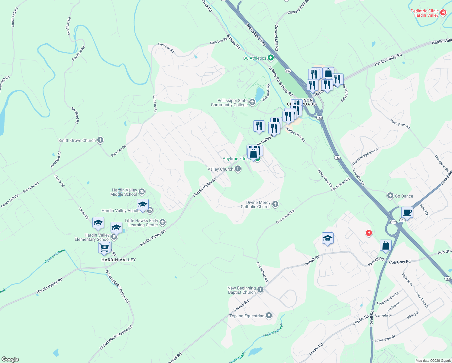 map of restaurants, bars, coffee shops, grocery stores, and more near 2232 Berrywood Dr in Knoxville