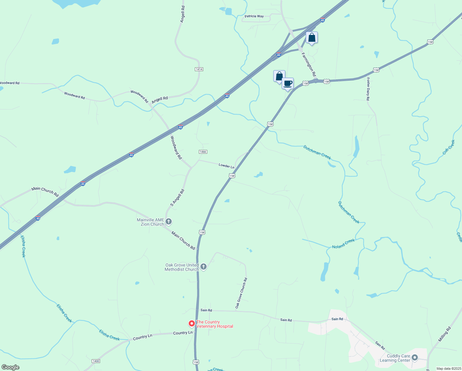 map of restaurants, bars, coffee shops, grocery stores, and more near 114 McClamrock Road in Mocksville