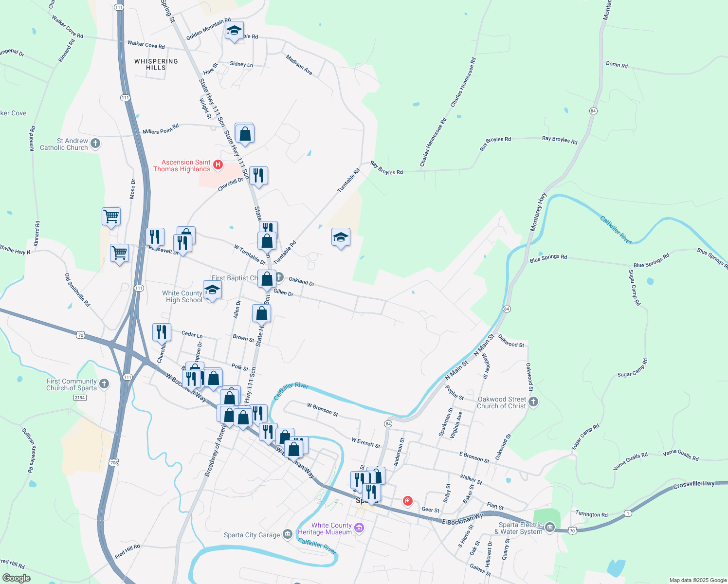 map of restaurants, bars, coffee shops, grocery stores, and more near 306 Oakland Dr in Sparta