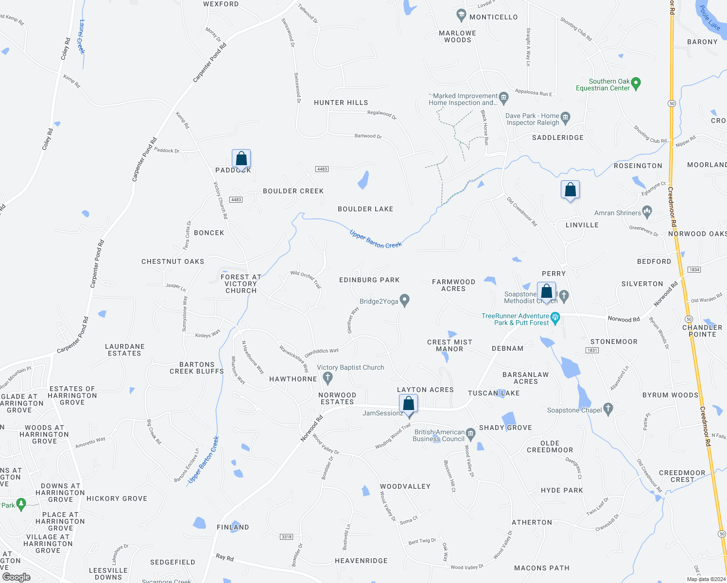 map of restaurants, bars, coffee shops, grocery stores, and more near 12405 Glenlivet Way in Raleigh
