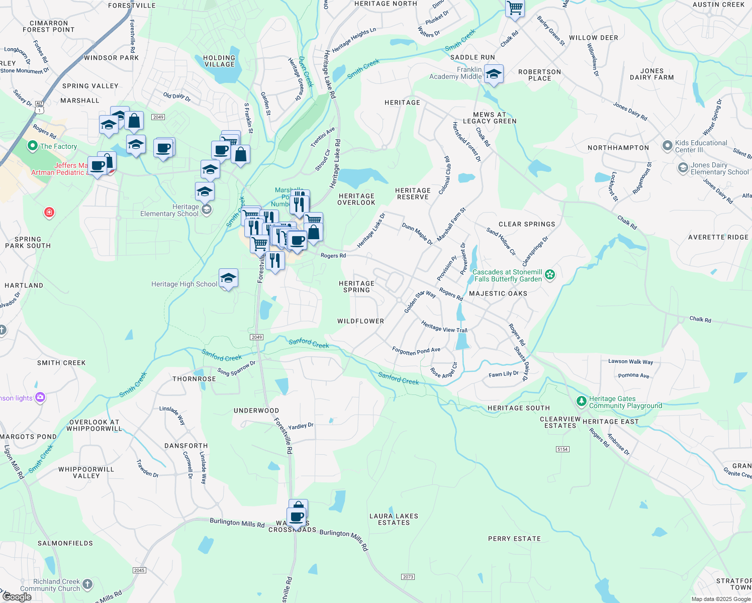 map of restaurants, bars, coffee shops, grocery stores, and more near 3823 Crimson Clover Avenue in Wake Forest
