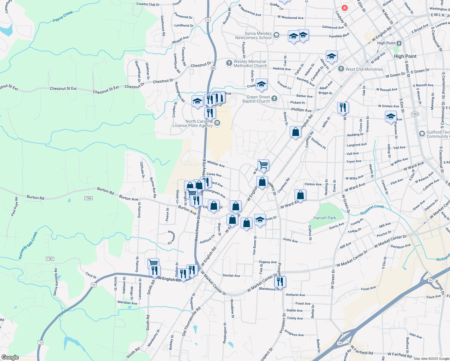 map of restaurants, bars, coffee shops, grocery stores, and more near 405 Carey Ave in High Point