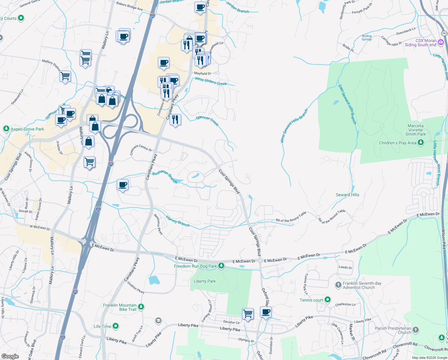 map of restaurants, bars, coffee shops, grocery stores, and more near 353 Canton Stone Drive in Franklin