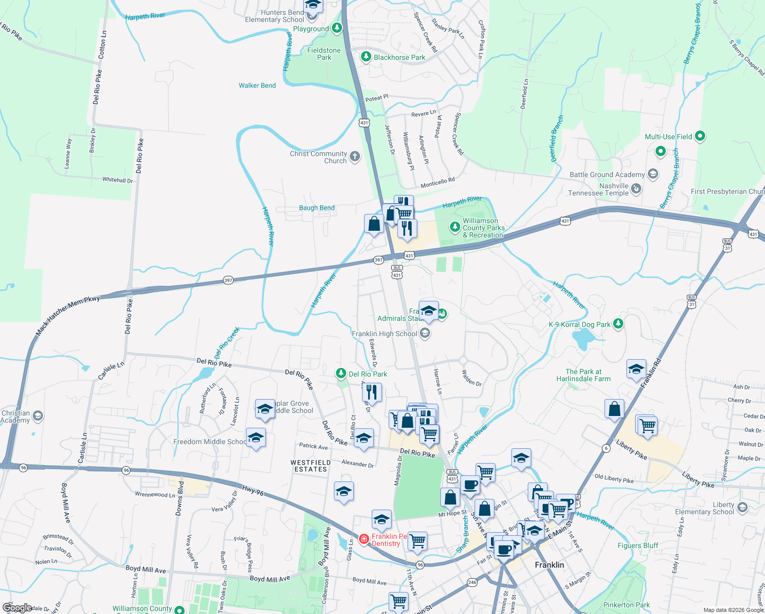 map of restaurants, bars, coffee shops, grocery stores, and more near 827 Victoria Drive in Franklin
