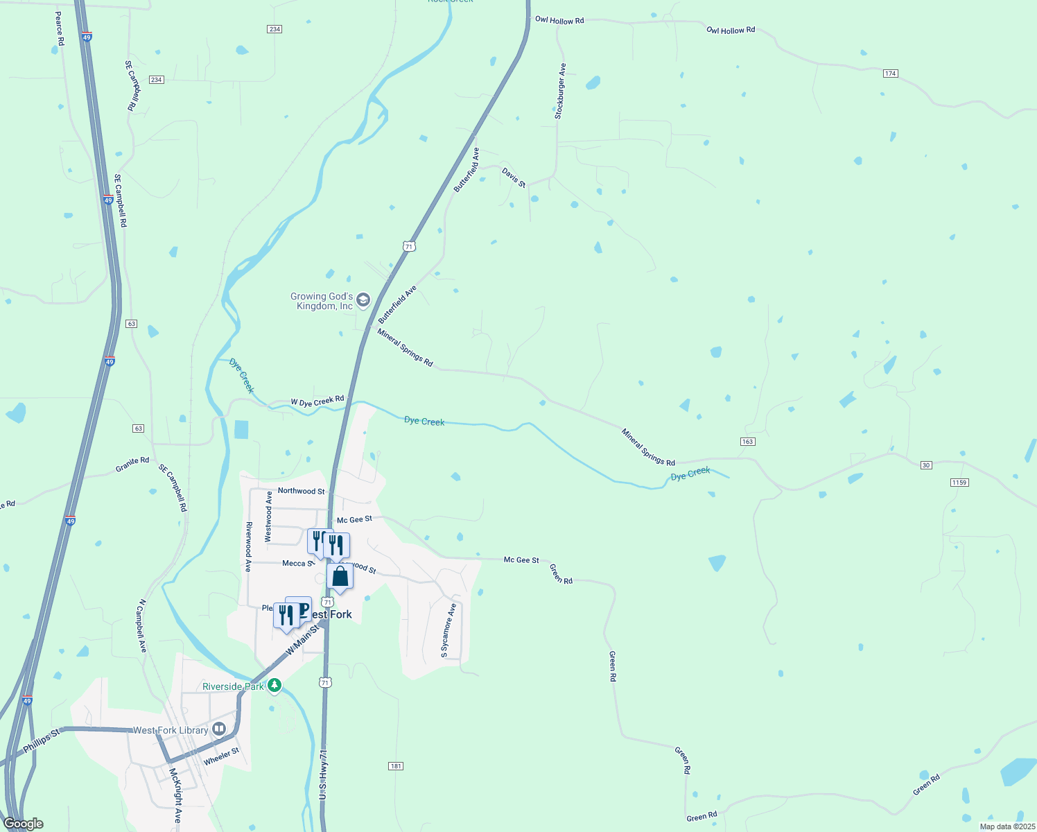 map of restaurants, bars, coffee shops, grocery stores, and more near 12131 Mineral Springs Road in West Fork