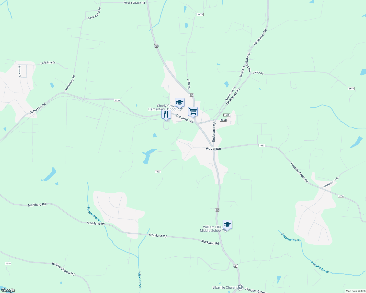 map of restaurants, bars, coffee shops, grocery stores, and more near 137 Bentbrook Drive in Advance