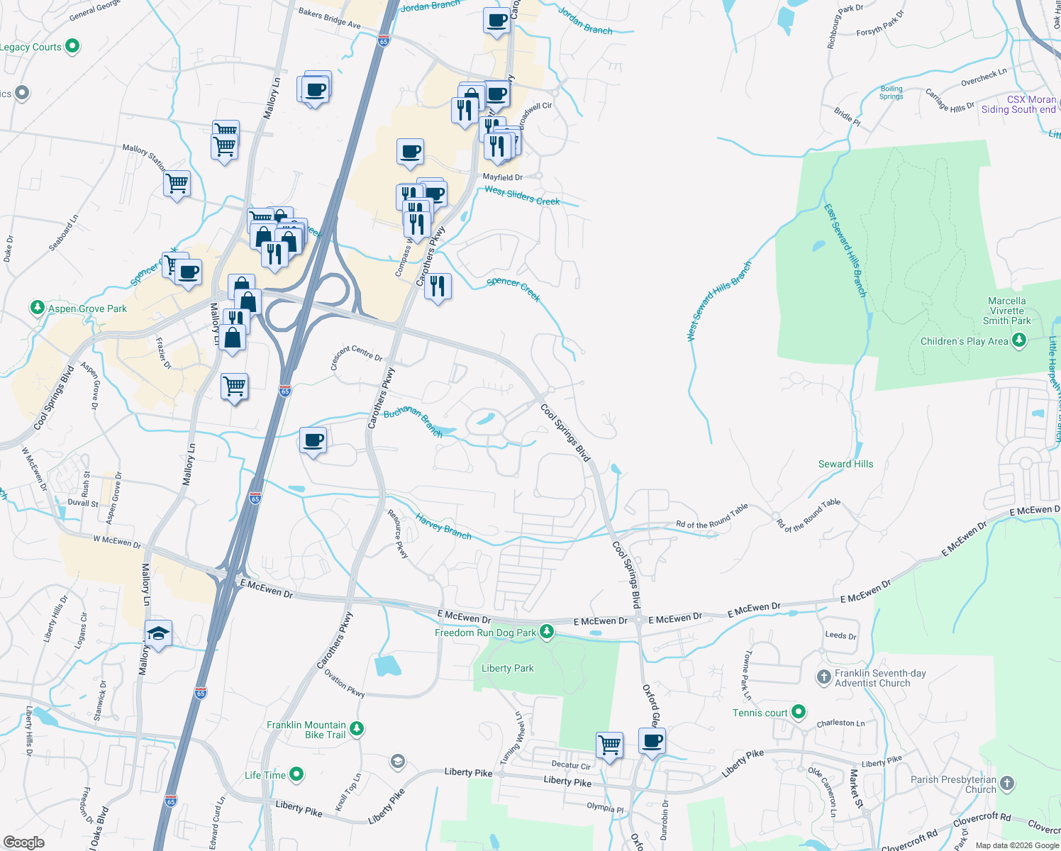 map of restaurants, bars, coffee shops, grocery stores, and more near 346 Canton Stone Drive in Franklin