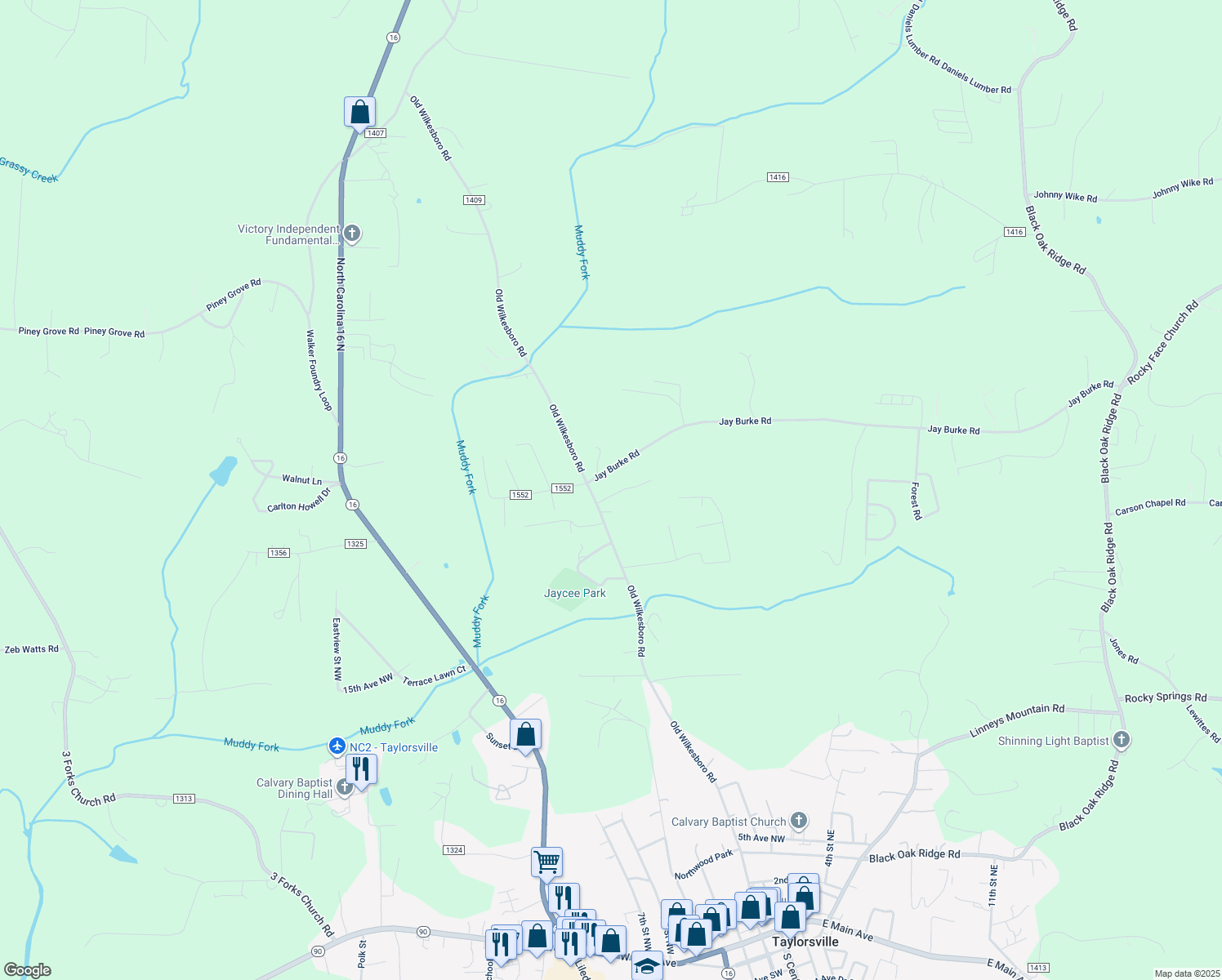 map of restaurants, bars, coffee shops, grocery stores, and more near 785 Jay Burke Road in Taylorsville