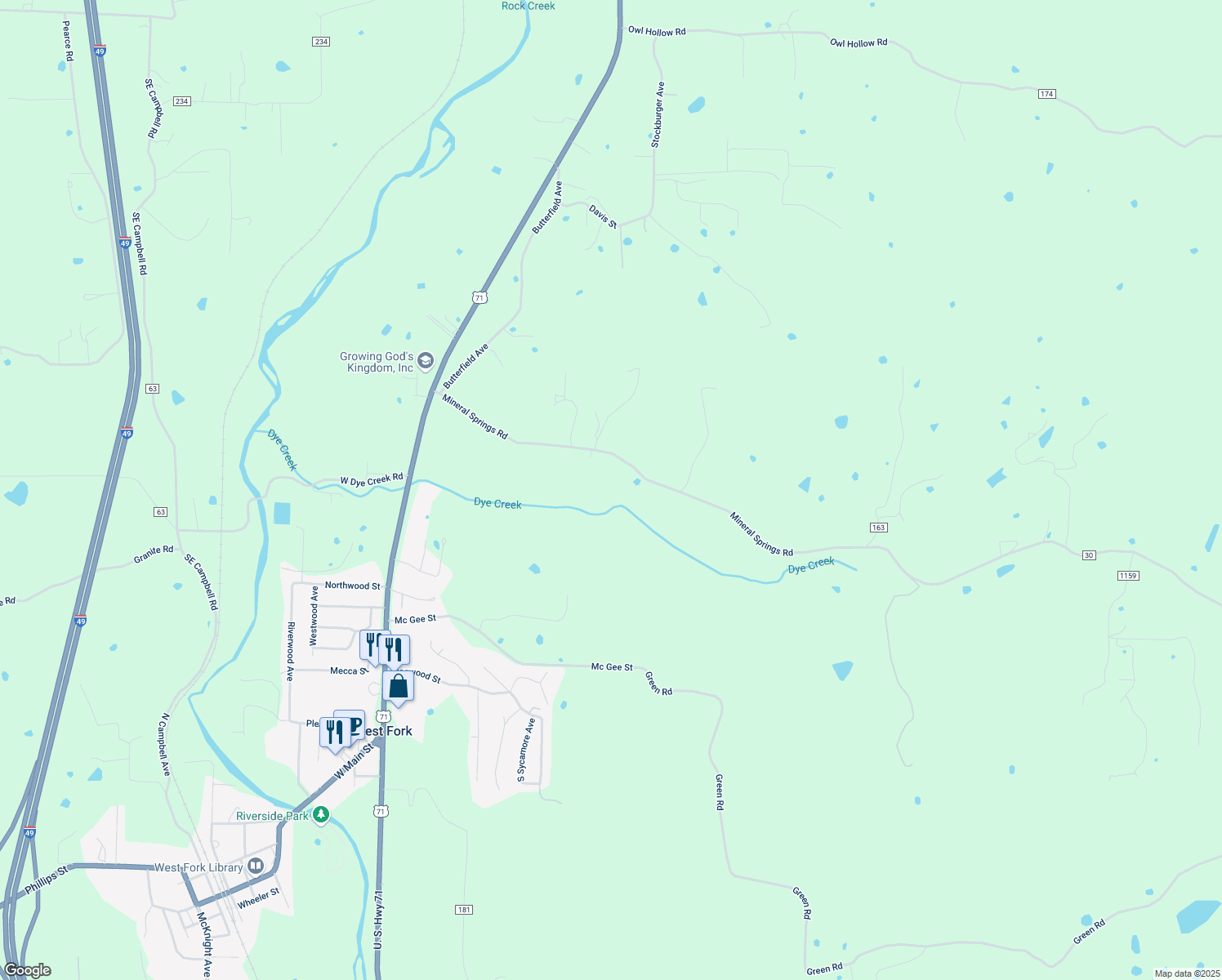 map of restaurants, bars, coffee shops, grocery stores, and more near 12131 Mineral Springs Road in West Fork