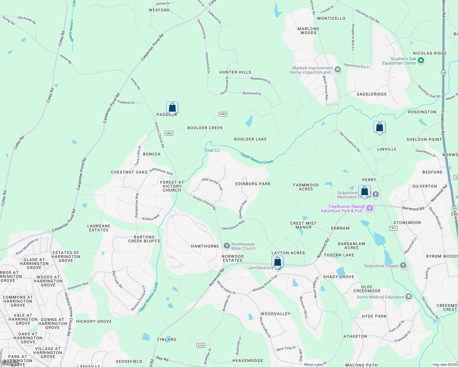 map of restaurants, bars, coffee shops, grocery stores, and more near 5716 Wild Orchid Trail in Raleigh